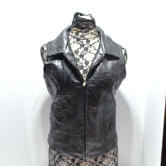 Genuine Leather Patchwork Motorcycle Vest Women's L Zip-Up Shiny Mesh Back Biker - Picture 1 of 8